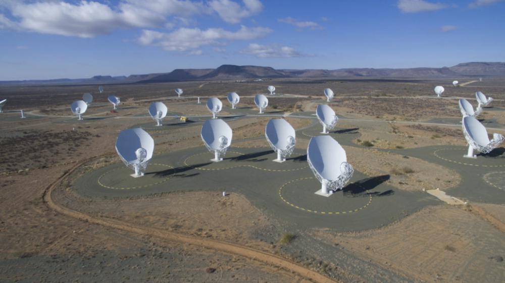 An overview of the MeerKAT radio telescope currently being constructed in the Karoo in the Northern Cape, South Africa. (Credit: SKA South Africa)